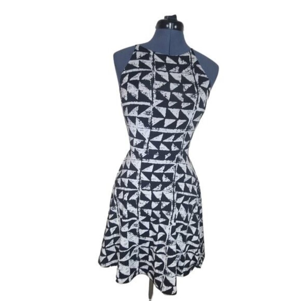 Bar III halter sleeveless black and white art deco skater dress medium